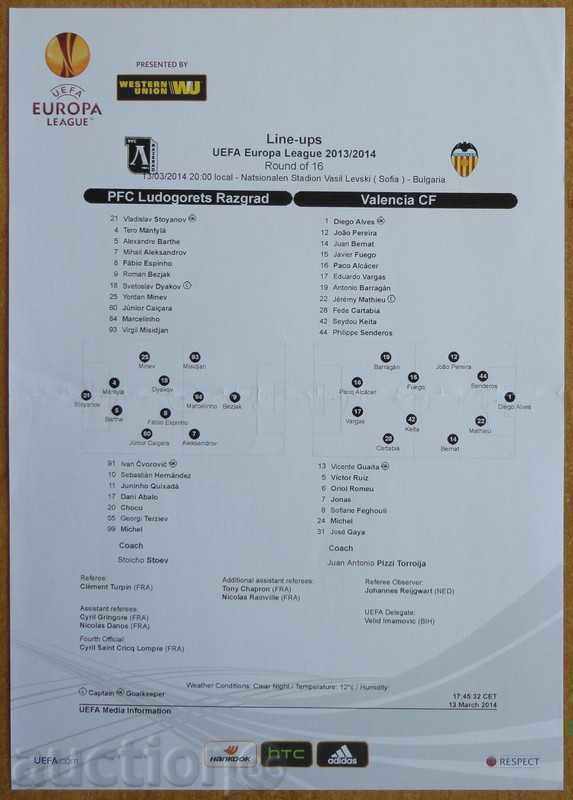 Football team sheet Ludogorets-Valencia, Europa League - 2014