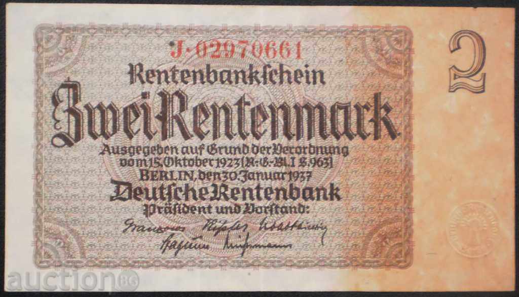 Germania III Reich 2 Rentin Mark 1937 XF Bancnotă rară