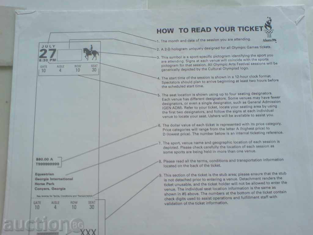 Delivery of Olympic ticket Atlanta 96 - unused Delivery of Olympic ticket Atlanta 96 - unused