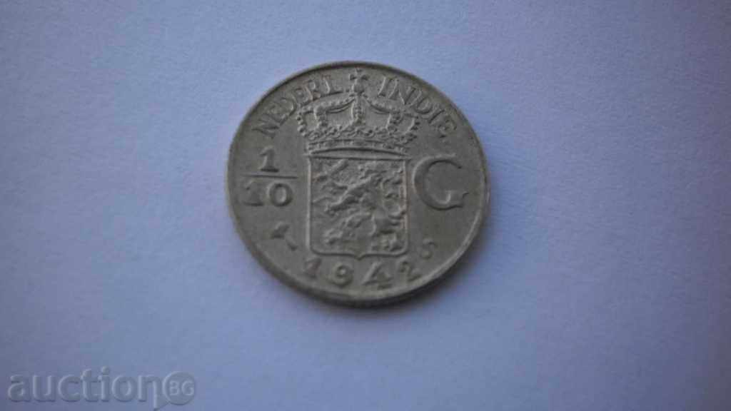 Холандска Индия Сребро 1/10 Гулден 1942 UNC Рядка Монета