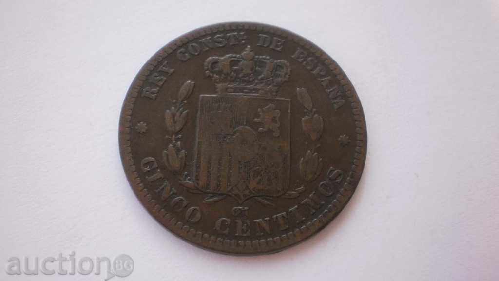 Ισπανία 5 Tsentimo 1877 Σπάνιες κέρμα