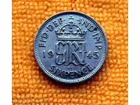 1945 г- 6 пенса (six pence)-Джордж VI  Великобритания,сребро
