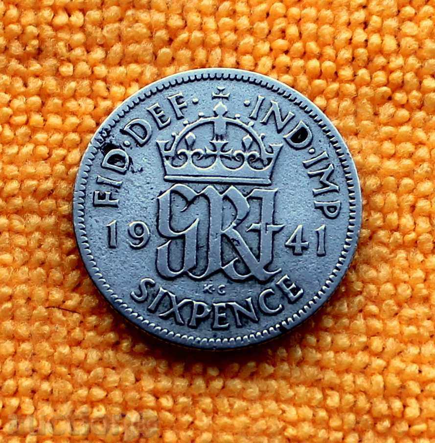 1941 г-6 пенса (six pence)-Джордж VI  Великобритания, сребро