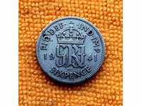 1941 г-6 пенса (six pence)-Джордж VI  Великобритания, сребро