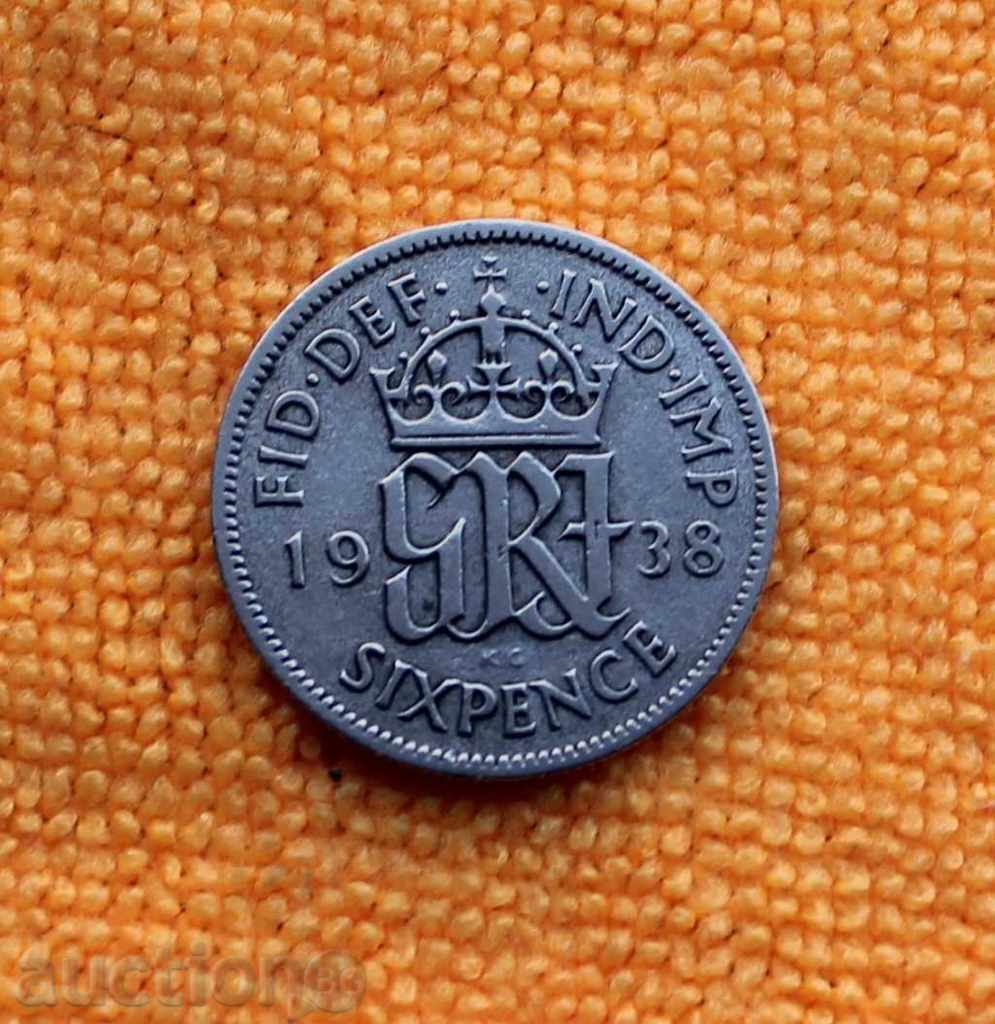 1938- έξι πένες -Johnge VI Ηνωμένο Βασίλειο, ασημένιο