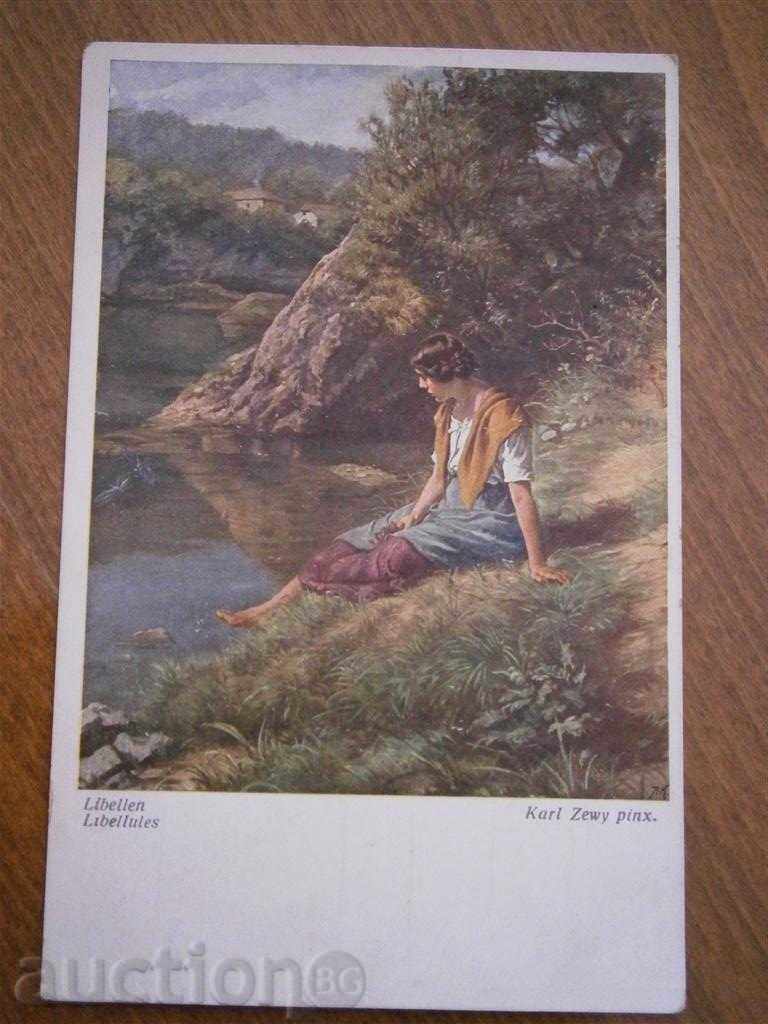 Old card - girl near river - Austria