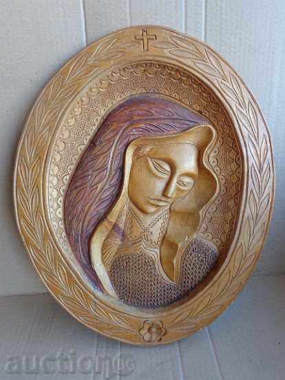 Bas-relief from wood, sculpture, wood-carving, wooden, Virgin Mary