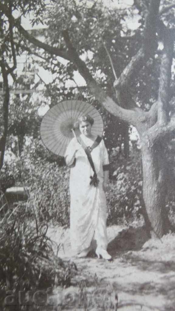 OLD PHOTO - CARDBOARD - LADY WITH UMBRELLA