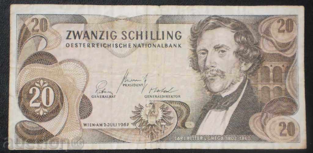 Banknote Austria 20 Shilling 1967 VF + Rare Banknote