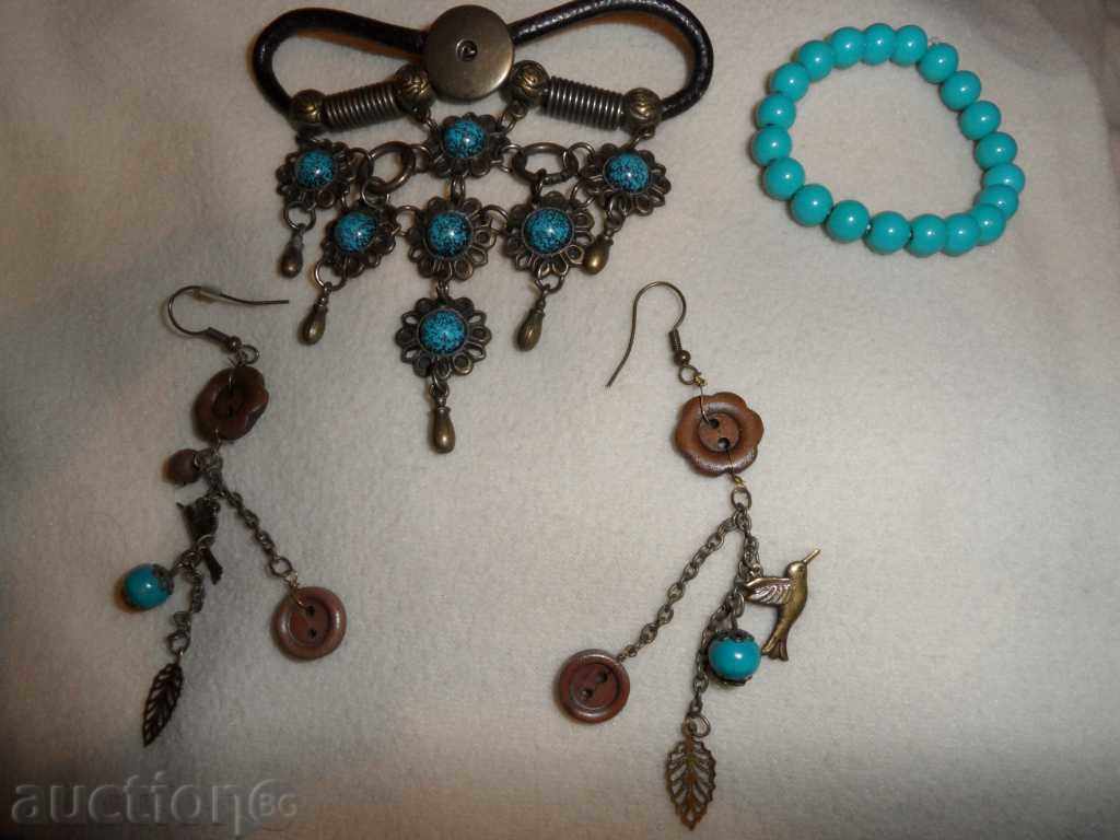 BROOCH / NECKLACE WITH TURQUOISE, EARRINGS and BRACELET