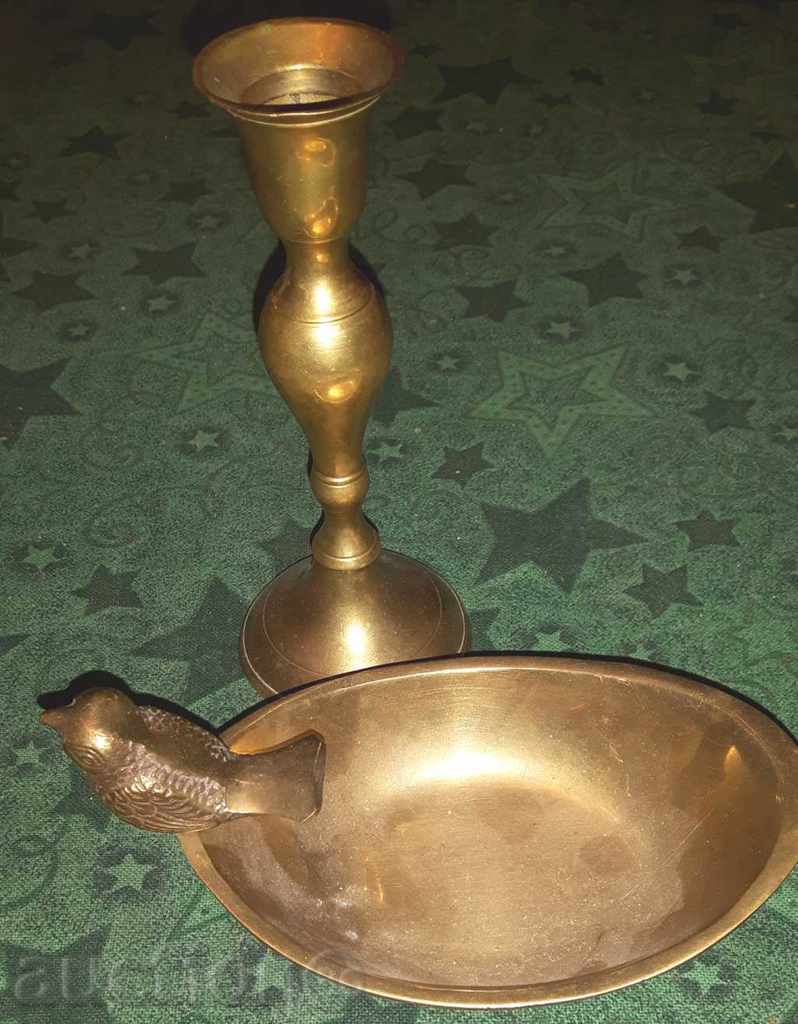 Ancient Brass Brass with Figure - Bird and Candlestick