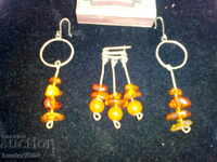 2 Earrings + brooch, amber and white metal.