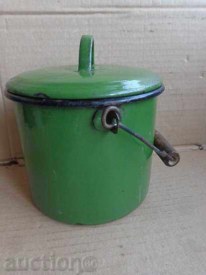 Old enamel pan with lid, enameled pan, saucepan