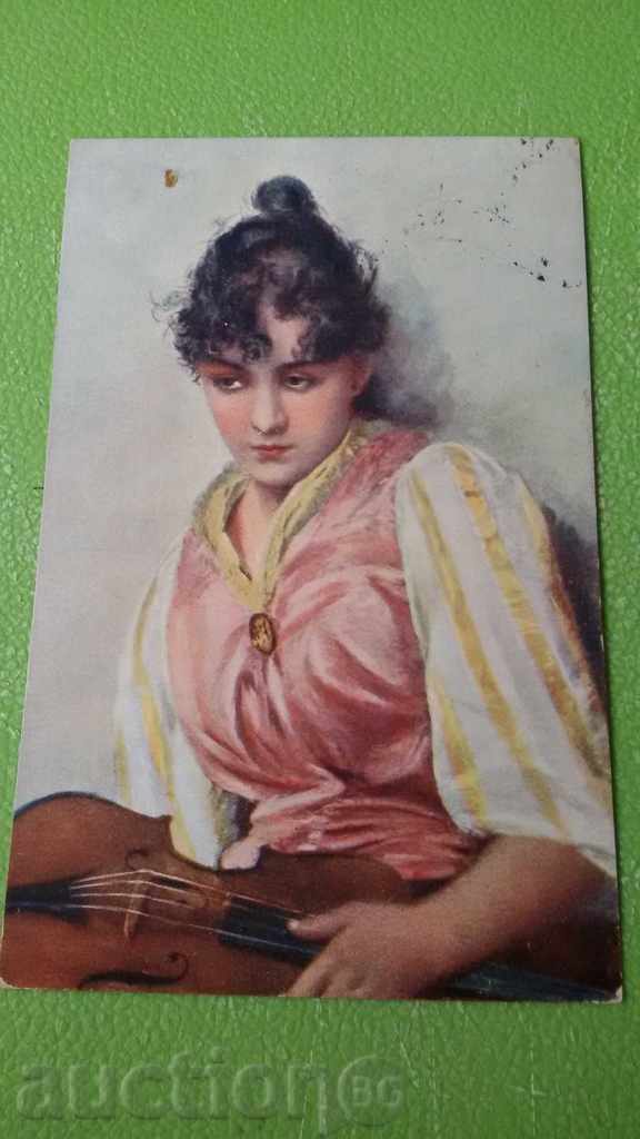 Παλιά κάρτα GIRL βιολί FLOWER