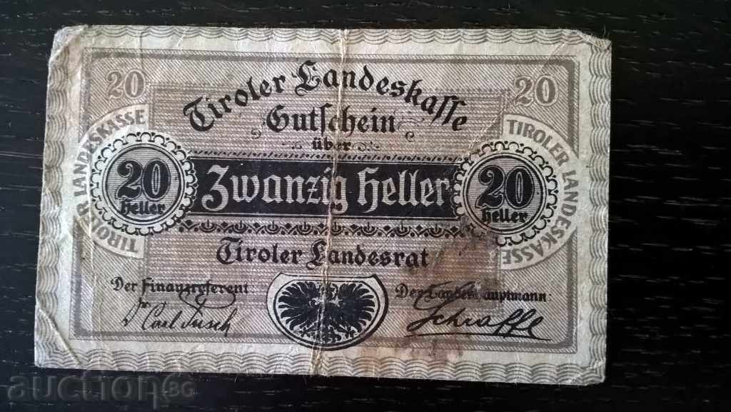 Bancnotă - Austria - 20 helleri | 1920