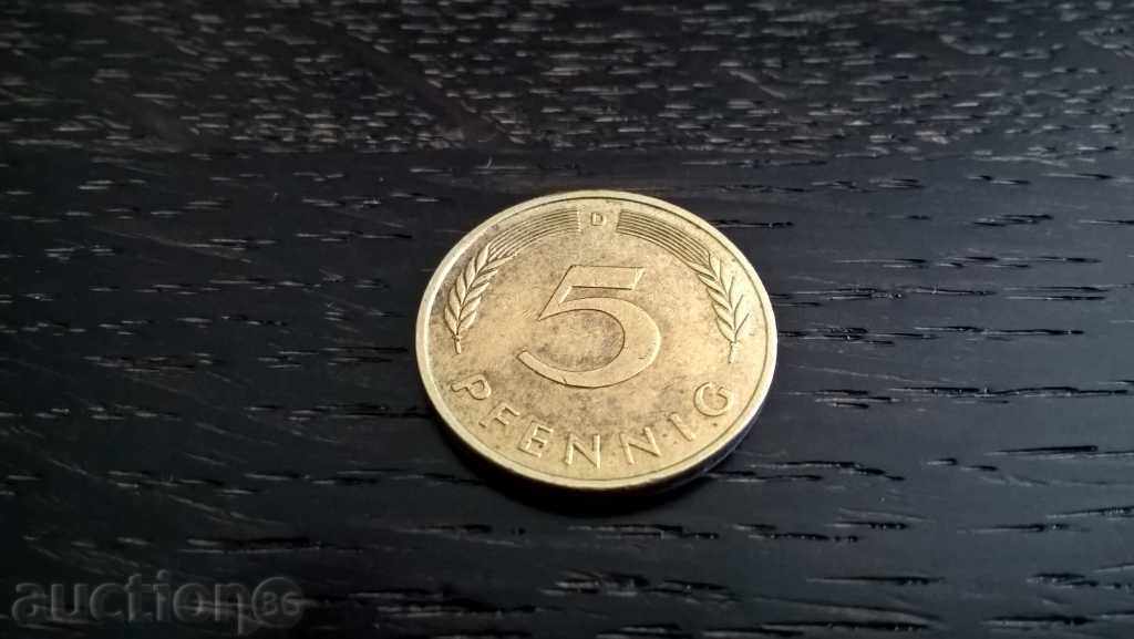Монета - Германия - 5 пфенига | 1991г.; серия D