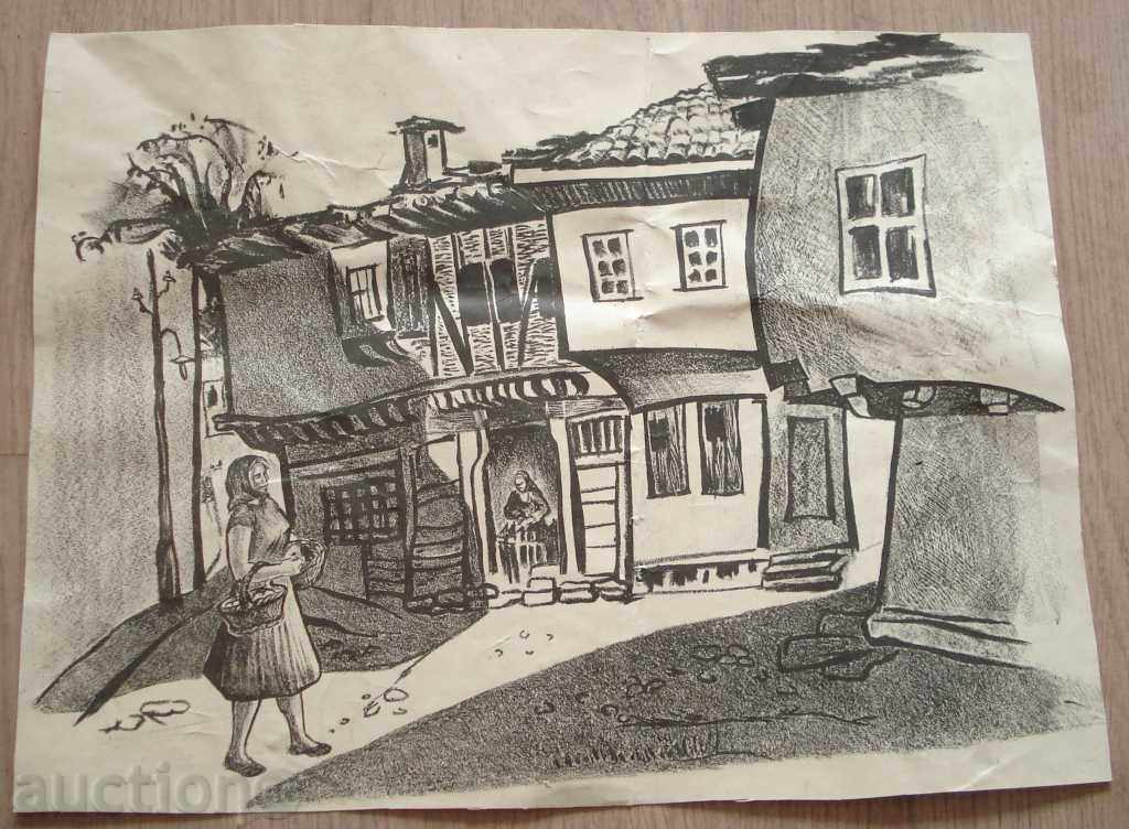 741 Stoyan Ατανάσοφ παλιά σπίτια χαρακτική R.43 / 31 εκατοστά