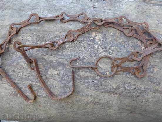 Παλιά αλυσίδα από σφυρήλατο σίδερο με γάντζο, αλυσίδα με γάντζο εστίας - 5