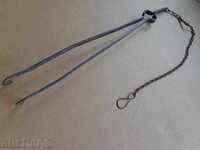 Old wrought iron fireplace tool set, tongs, wrought iron, chain