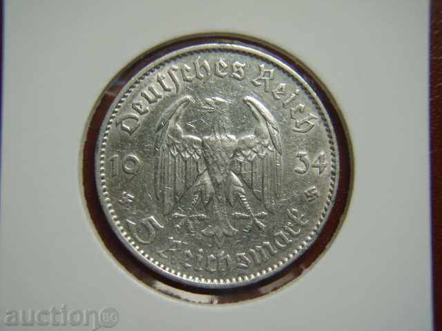 5 Reichsmark 1934 F Germania (Al Treilea Reich) - VF+
