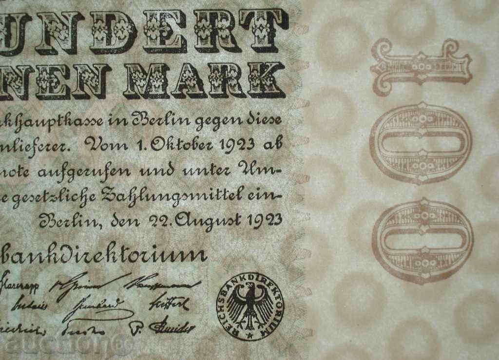 (¯` '• .¸GERMANY 100 million marks 22.08.1923 UNC (5). •' ´¯) with price 9.00 BGN | € 4.60