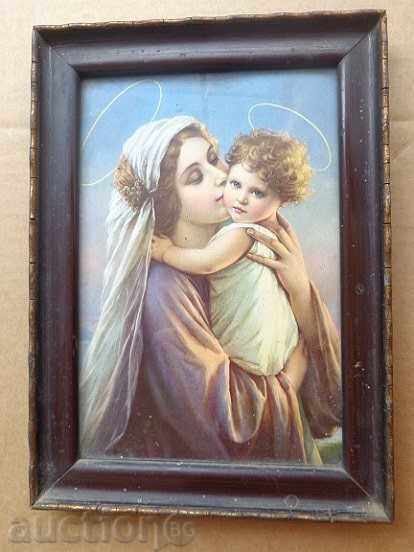 Home icon, old lithography, Madonna with baby, cross