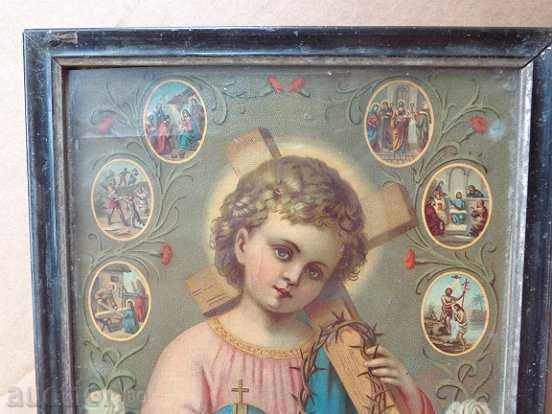 Home icon, old lithograph, Jesus Christ, cross - 7