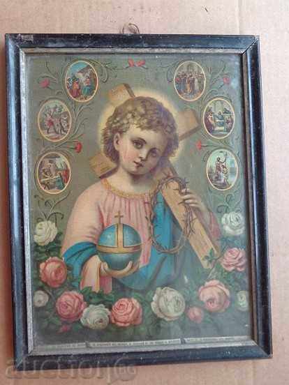 Домашна икона, стара литография, Исус Христос, кръст