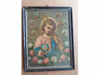Home icon, old lithography, Jesus Christ, cross