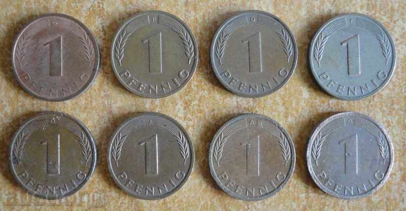 1 пфениг 1972, 1976, 1979, 1989, 1994, 1996 - Германия