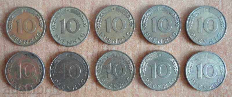 10 pfennig 1950,1971,1972,1981,1990,1991,1995 - Γερμανία