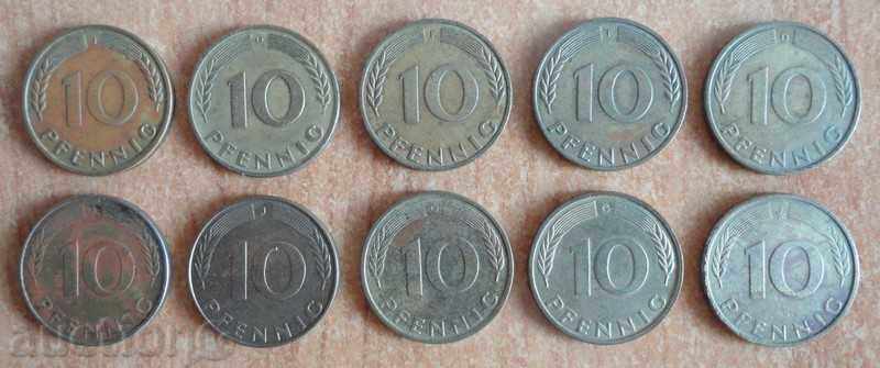 10 pfennig 1950,1971,1972,1981,1990,1991,1995 - Germania