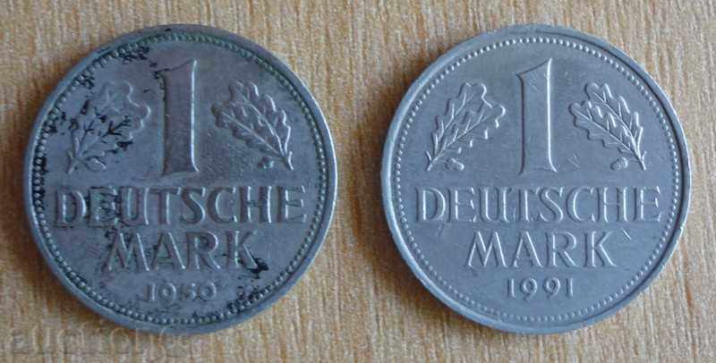 1 timbru 1950(G) și 1991(D) - Germania