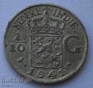 Индия-Холандска Сребърен 1/10 Гулден 1941 UNC Рядка Монета