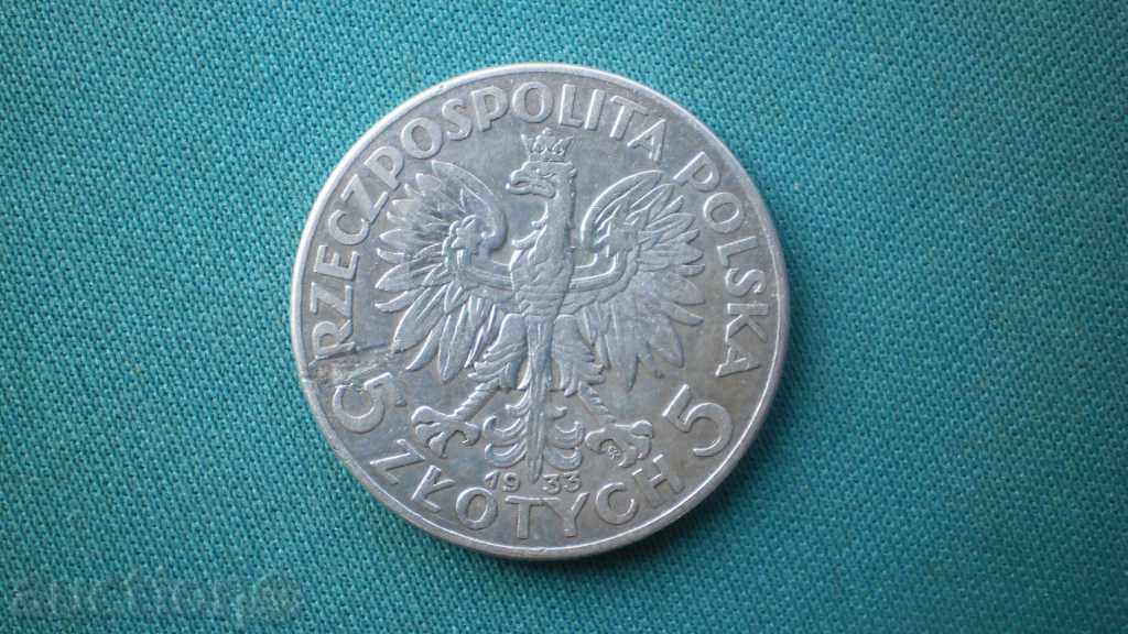 Polonia PLN 5 1933 RR rare cu preț € 12.78 | 25.00 BGN