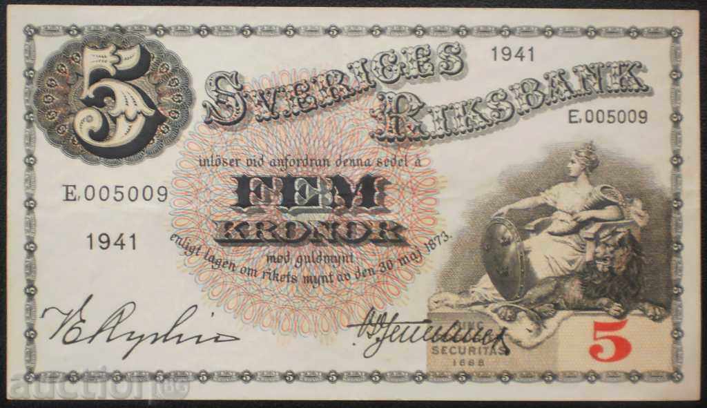 Suedia 5 Coroane 1941 RRR rare