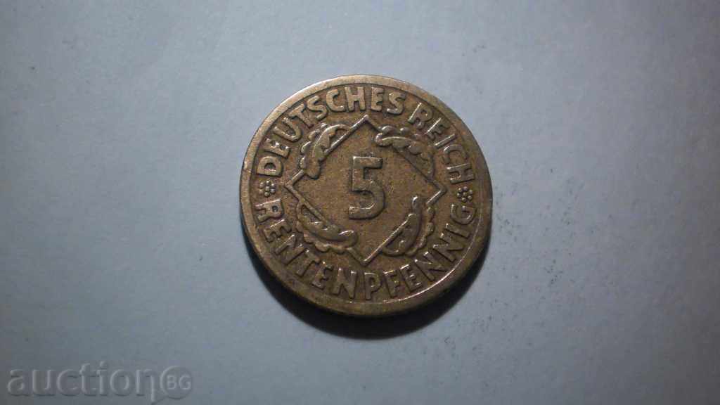 Монета 5 RENTENPFENNIG 1924 F Германия