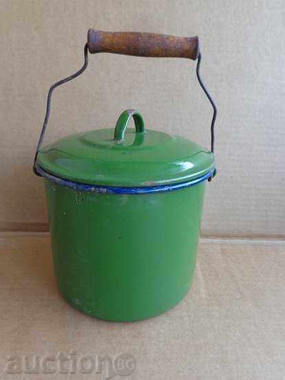 Old enameled cane with lid, enameled food container
