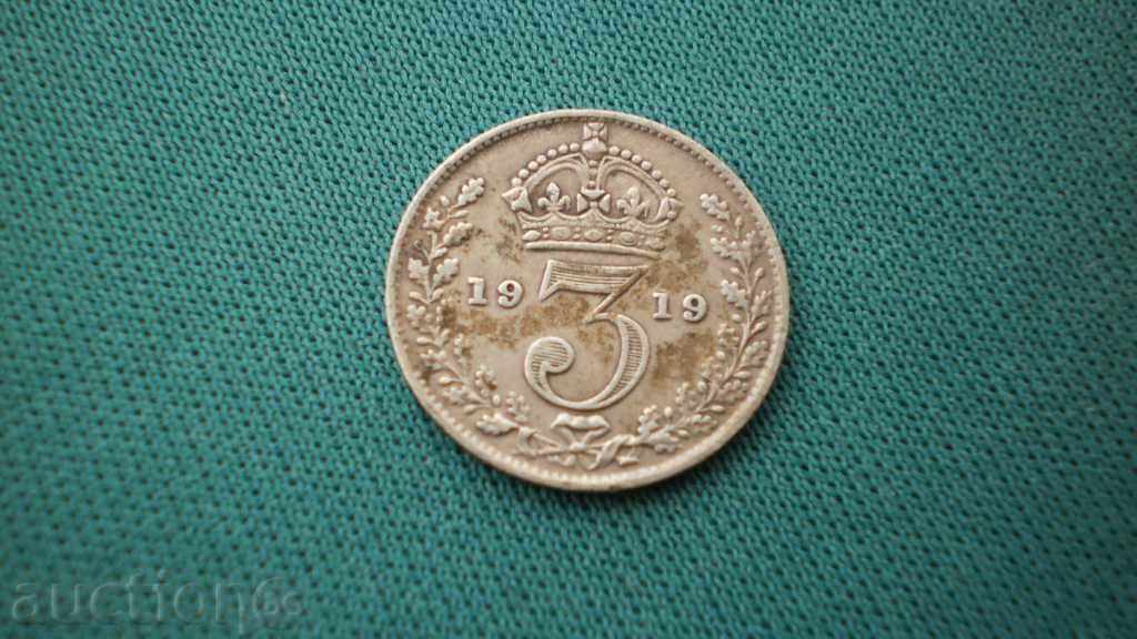 Silver Coin 3 Pence 1919 England