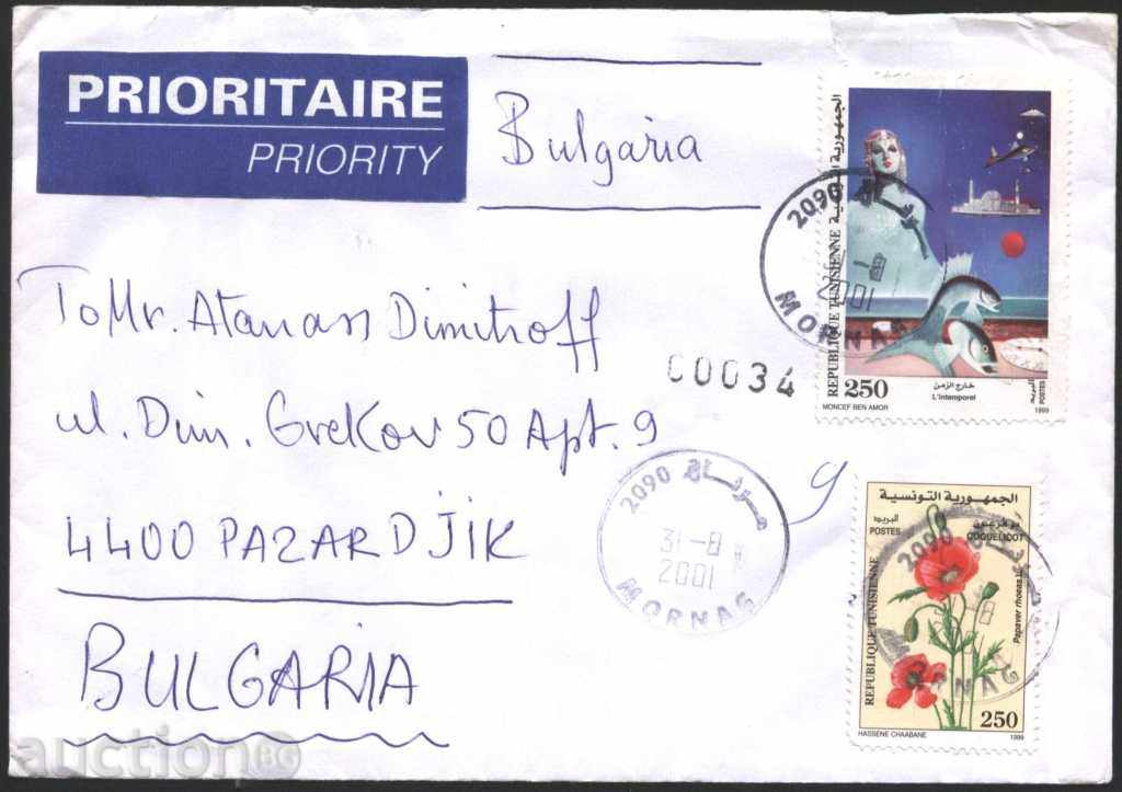 Traveled envelope with 1999 marks from Tunisia to Bulgaria