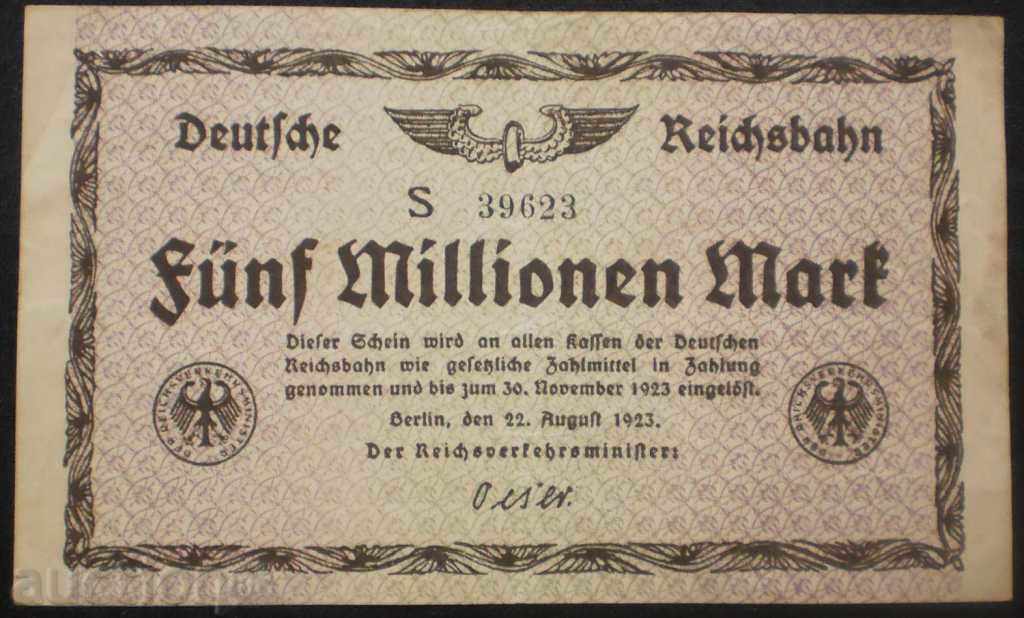 Bancnota Germania 5 milioane Brands 1923 proiect de lege Rare