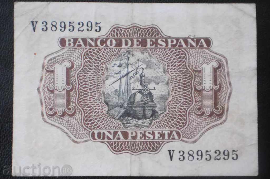 Spania 1 peseta 1953 Rare Bancnota