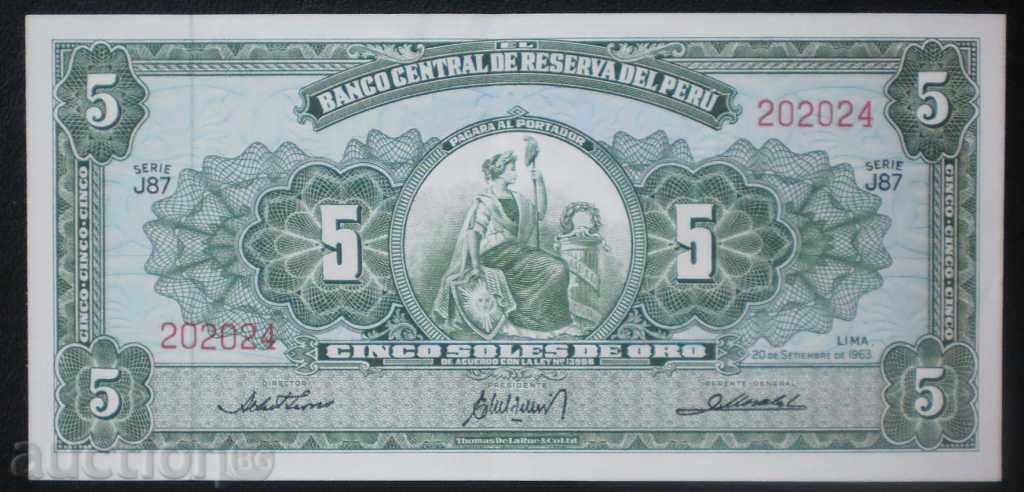 Banknote Peru 5 Sol 1963 UNC Rare Banknote