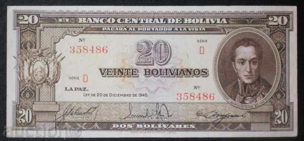 Bill bolivian bolivian 20 1945 UNC proiect de lege rare