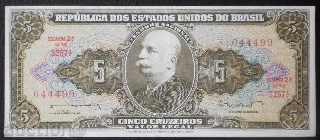 Банкнота Бразилия 5 Крузейро 1954 UNC Рядка Банкнота