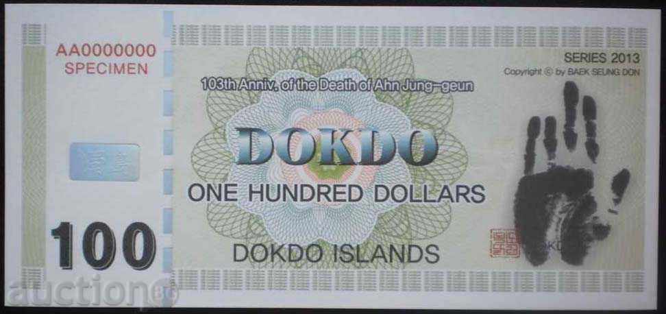 O notă de plată. Dokdo $ 100 2013 UNC Bancnota rare