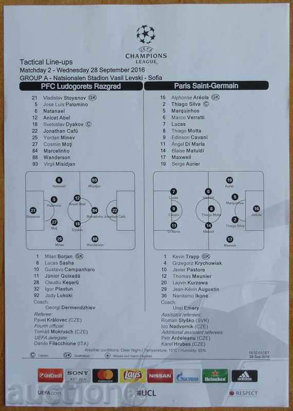 Football team sheet Ludogorets-PSG, Champions League - 2016