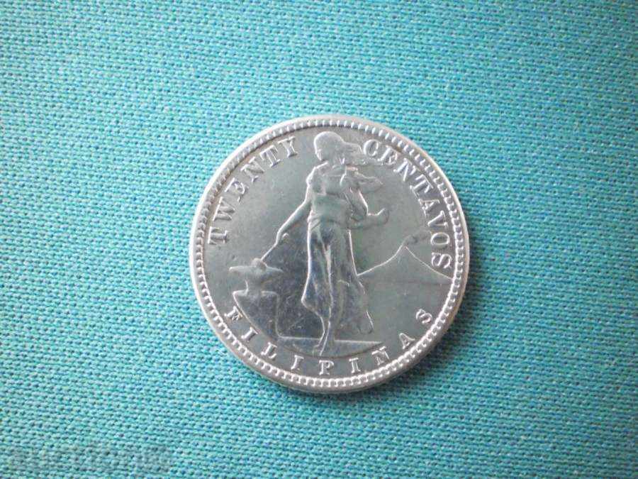 Livrarea Filipine 20 cenți 1908 Filipine Argint