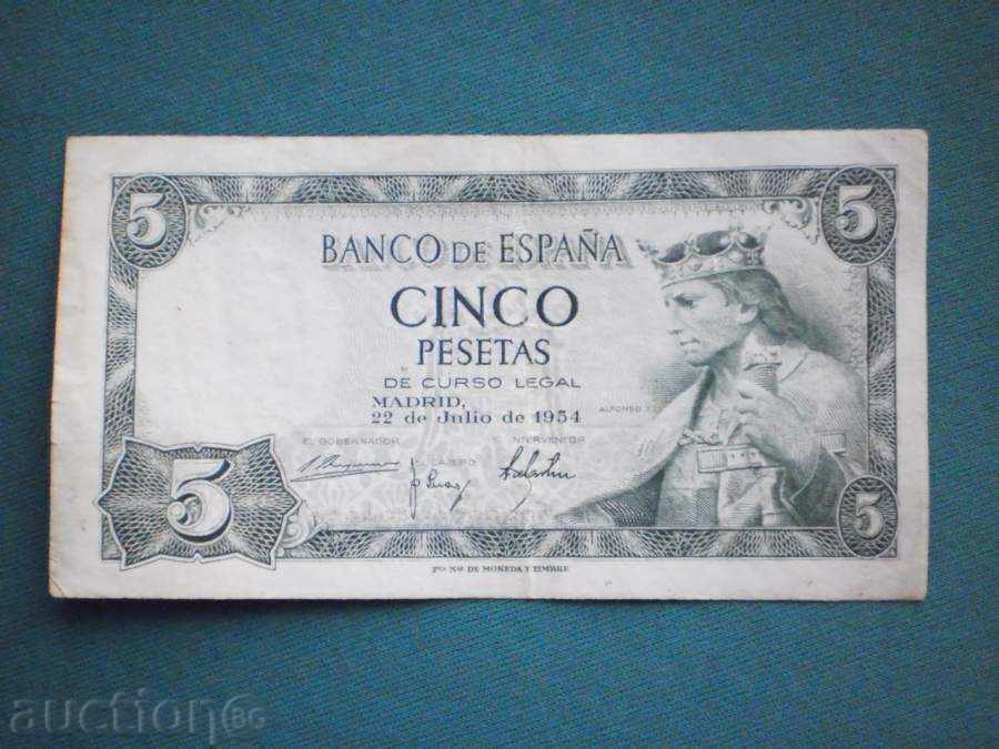 5 Pesetas 1954 SPAIN-RARE-NON-CIRCULATED