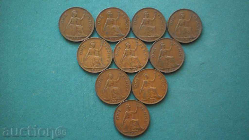 LOT-LOT -10 PCS Penny 1937-1949 ENGLAND